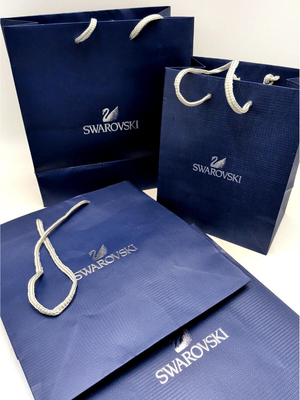 4-Swarovski Blue Paper Gift Shopping Bag Silver Braided Handle 3-9.25", 1-7.75"